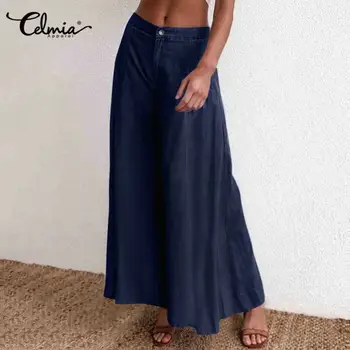 

5XL Celmia Vintage Women Wide Leg Pants High Waist Fashion Trousers Casual Loose Long Palazzo Elegant Work Denim Pantalon Femme