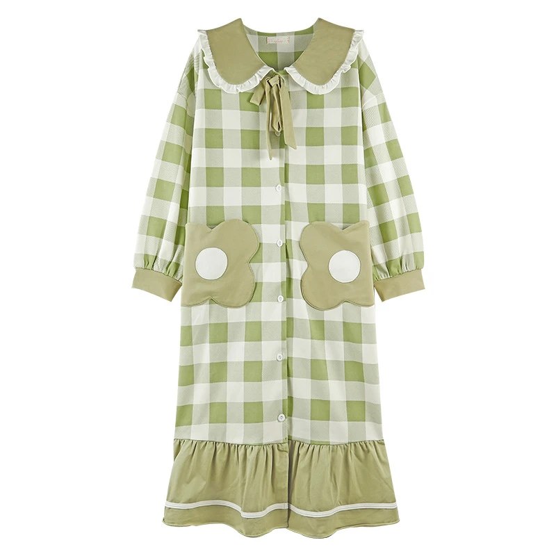 

Autumn and winter long-sleeved plaid loose sweet cute nightdress casual and comfortable home service suit SJ058