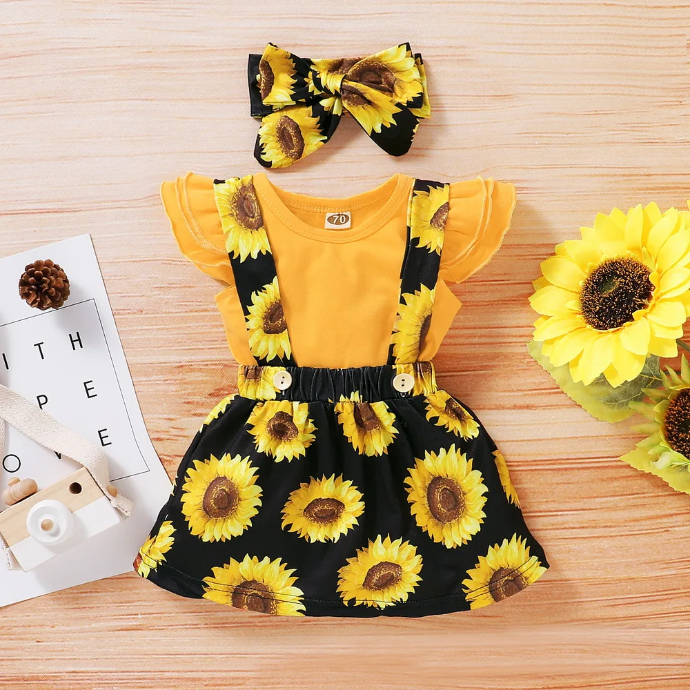 

2020 Princess Newborn Kids Baby Girl Sunflower Cute Solid Bodysuit Shorts + Suspender Skirt Outfit Sundress Clothes Set D30
