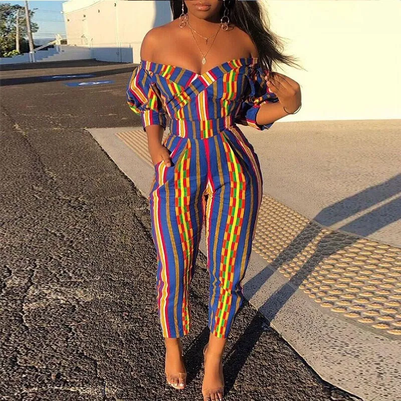 

Nice Elegant Striped Jumpsuit Women Off Shoulder Full Bodysuit Wide Leg Jumpsuit Casual Rompers Party Overalls