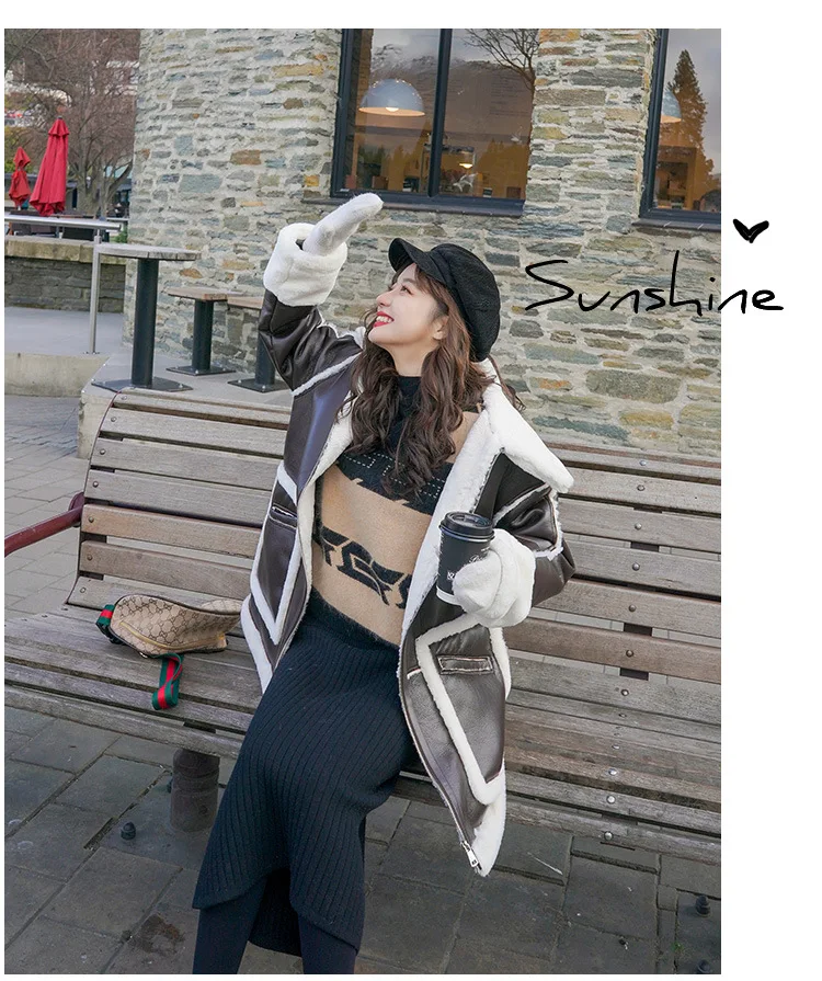 Winter simple casual fur all-in-one coat female new autumn and winter lamb wool mid-length thickened plus velvet leather coat