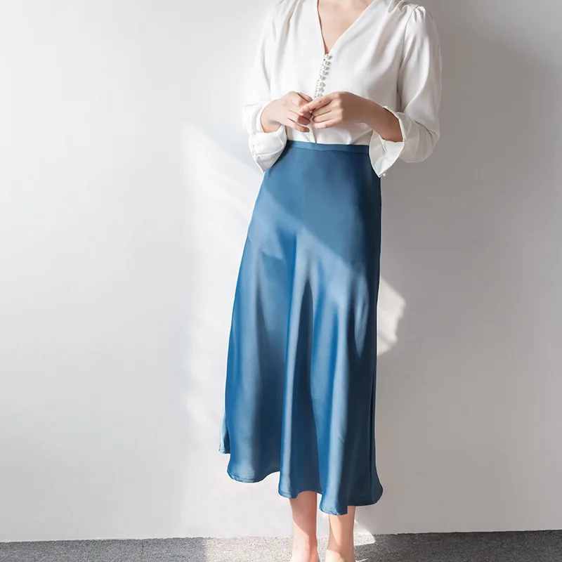 Zomer Vrouwen Satijn Zijden Rok Elegante Effen Kleur Hoge Grade Losse Vrouwen Office Lady Blue Rokken Vrouwen Lange Rok Koreaanse Zomer Vrouwen Satijn Zijden Rok Elegante Effen Kleur Hoge Grade Losse Vrouwen Office Lady Blue Rokken Vrouwen Lange Rok Koreaanse