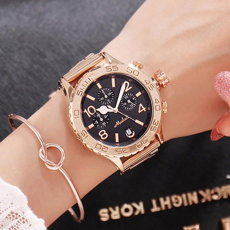 Женские золотые часы, люксовый бренд, женские кварцевые часы с большим циферблатом, с шестью контактами, полностью из нержавеющей стали, женские часы, reloj mujer - Цвет: rose gold black