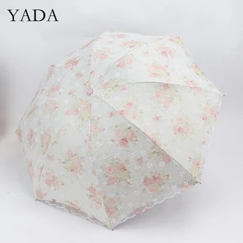 

YADA high quality Lace Flower Rose Princess Umbrellas Rain UV 3-Folding Umbrella For Women Windproof Umbrellas Female YS200195