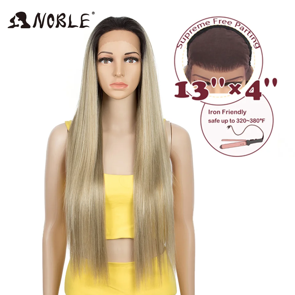 Noble Cosplay-peluca con malla Frontal sintética Peluca de encaje Frontal 13x4 de 32 pulgadas, larga, recta, Rubio degradado, peluca con malla Frontal, color negro