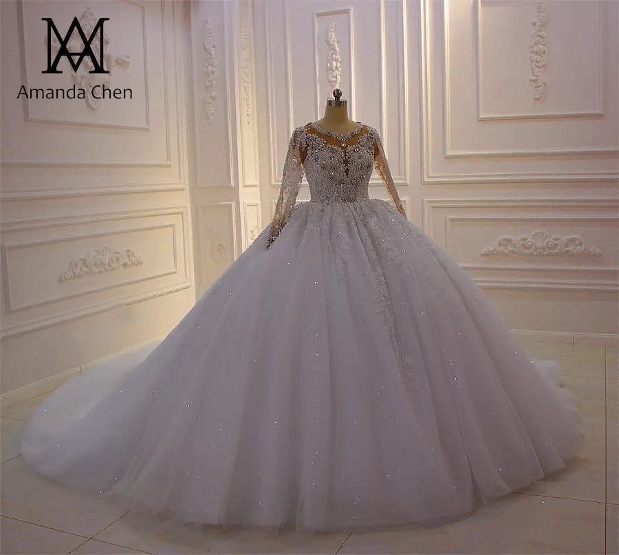 Vestido de novia princesa/кружевное платье с длинными рукавами, аппликация со стразами и кристаллами, белоснежная свадебная одежда