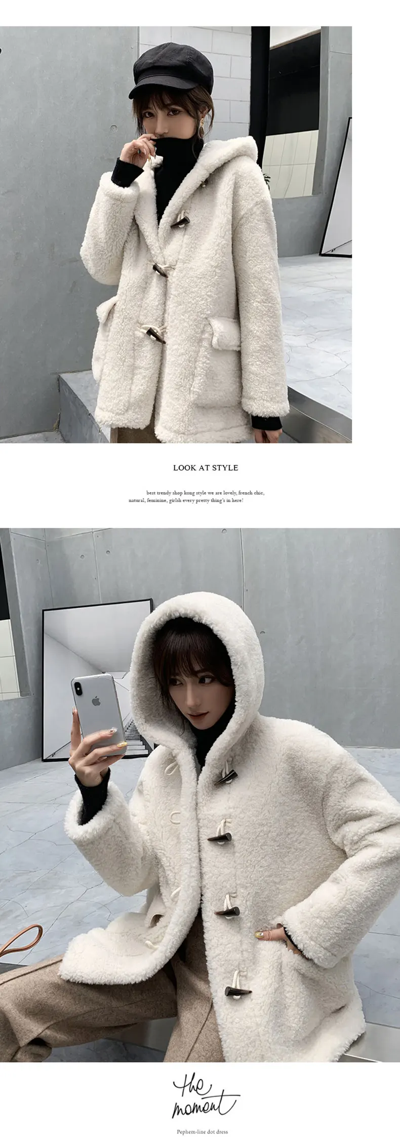 Handmade New design high quality long Wool Coat Hat collar Loose Thickening coat Short style Big button Pocket decoration