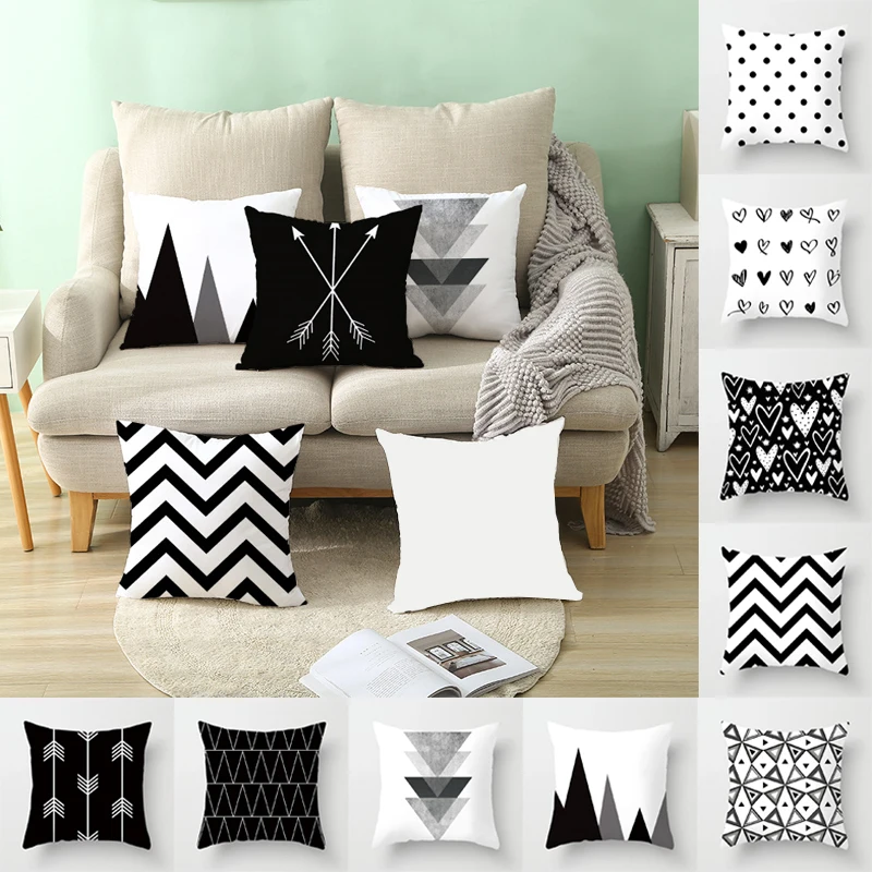 

Geometric Cushion Cover Black and White Polyester Throw Pillow Case Striped Dotted Grid Triangular Geometric Art Cushion Cover