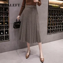 REALEFT осенние женские элегантные шикарные гофрированные длинные юбки с поясом высокая талия Harajuku тюлевые трапециевидные юбки до середины икры Новинка