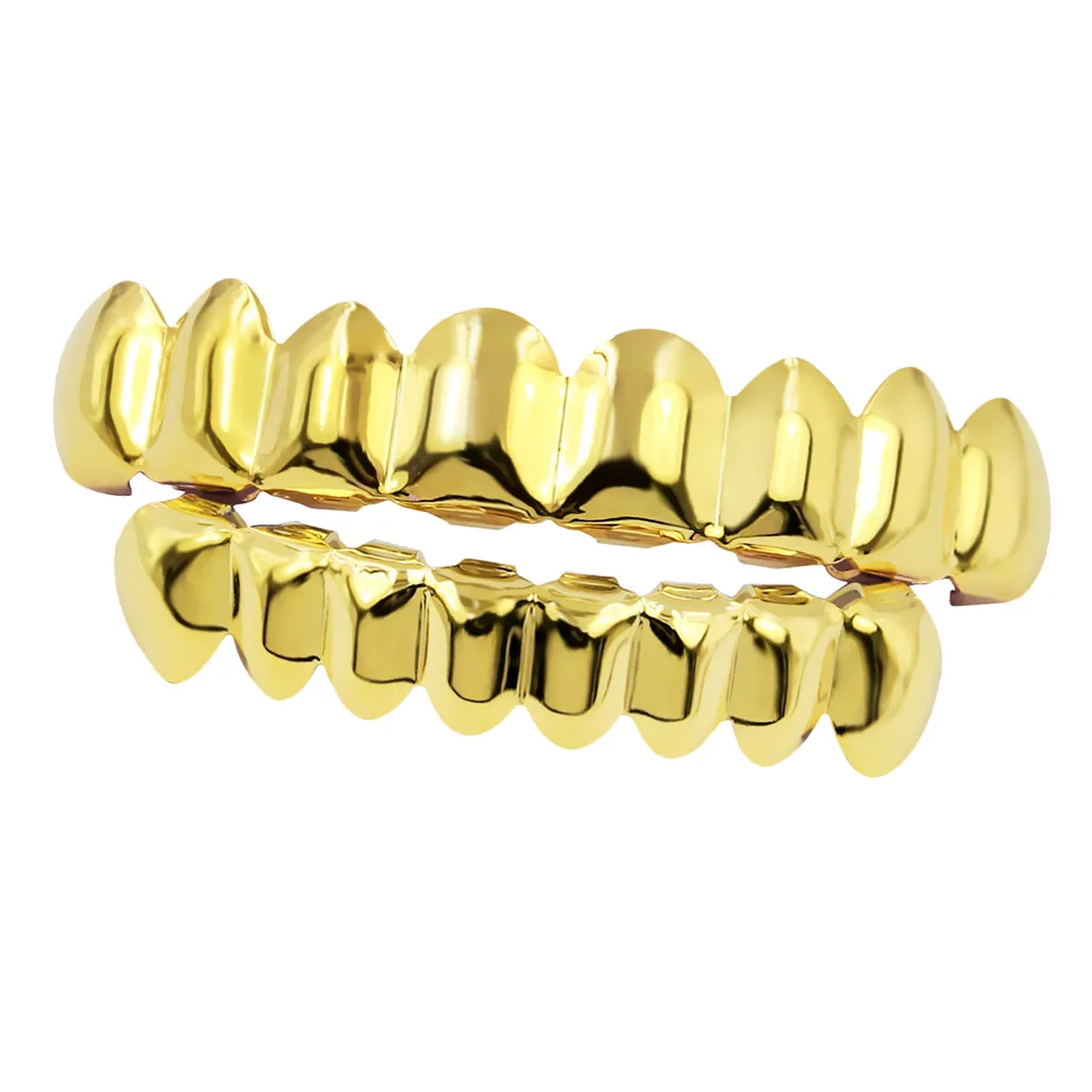 18k Gold Plated Hip Hop Teeth Grils Top & Bottom 8 Grill Set Halloween