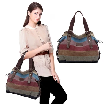 

European And American Trend Rainbow Striped Canvas Bag Fashion Stitching Handbags Wash Cloth Bag Hot New Product