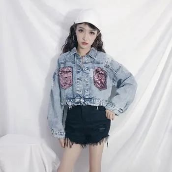 

2020 Hole Jean Jacket Women Spring Short Sequin Denim Jacket Splice Autumn Female Jacket Spring Jackets For Women Female Navel