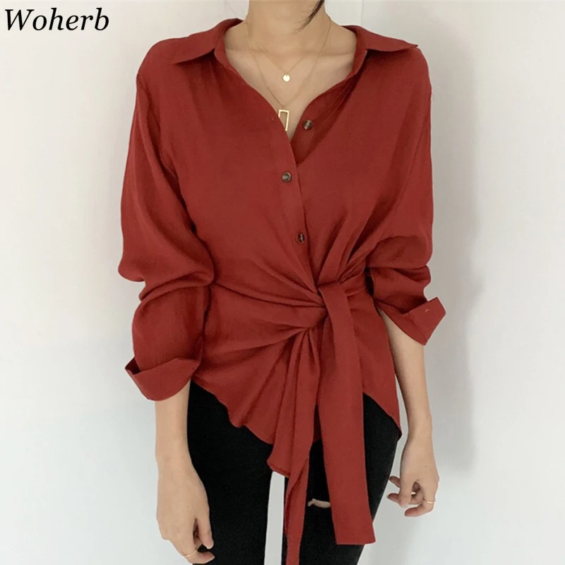 

Woherb Korean 2020 Spring Summer Women Elegant Blouse Top Asymmetrical Blusas Long Sleeve Bandage Solid Shirts Streetwear