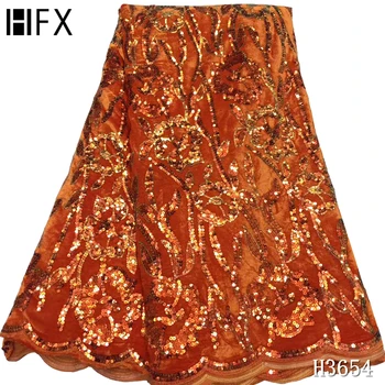 

HFX Orange Velvet lace fabric 2020 African Sequins lace fabric Sequin Velvet fabric lace Nigeria lace fabric for Wedding F3654