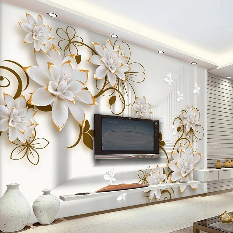 Corredor de Extensão Espacial 3d Personalizado Papel de Parede Mural Flor de Jóias Papel de Parede de Borboleta Sala de Estar Decoração de Casa Personalidade