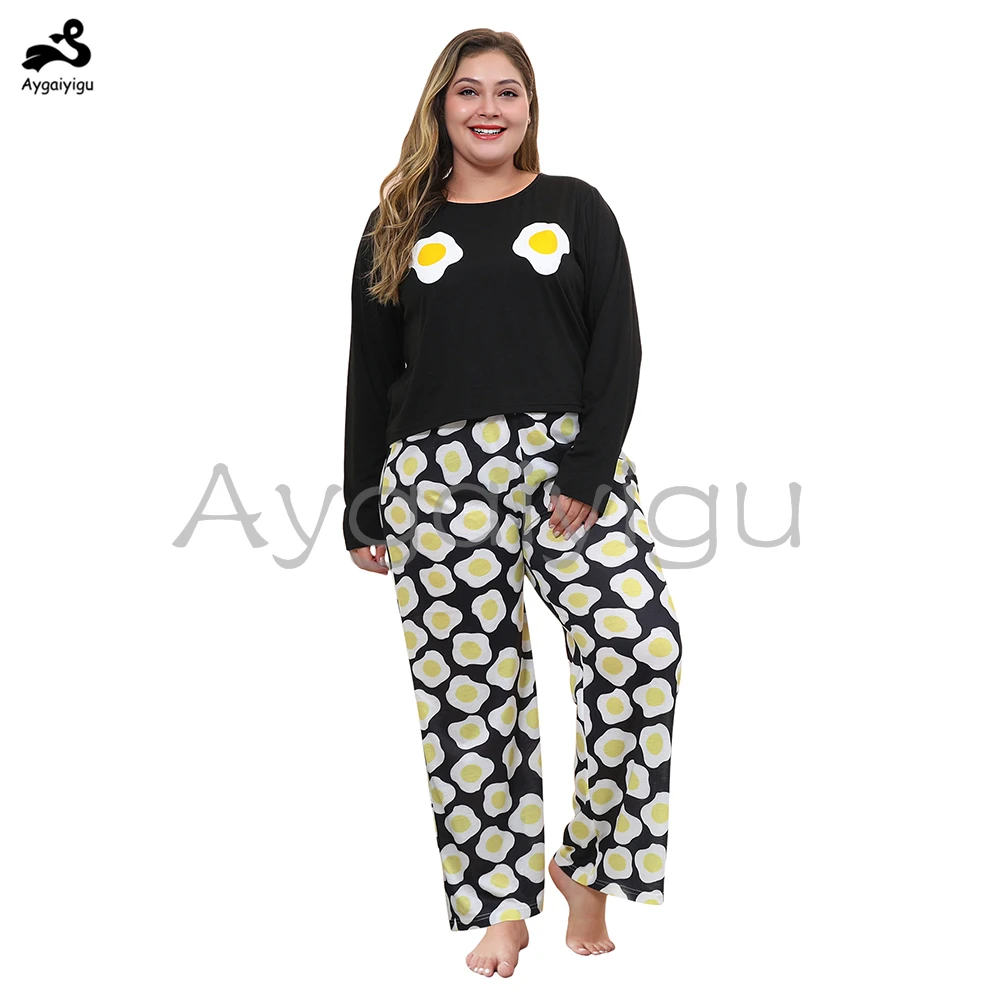 Aygaiyigu 2020 Spring Women Large Size Home Wear Ladies Plus Pajamas Fashion Egg Printing Loungewear Chic Sets (Top + Pant) |
