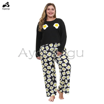 

Aygaiyigu 2020 Spring Women Large Size Home Wear Ladies Plus Size Pajamas Fashion Egg Printing Loungewear Chic Sets (Top + Pant)