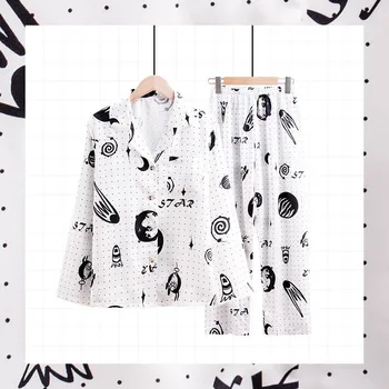 

Pajamas Suit Sleepwear Casual Lady 2PCS Shirt&Pants Print Satin Bathrobe Lingerie Home Clothes 2020 Summer New Sleep Set