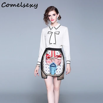 

Runway Fashion 2019 Autumn Sets Women's Long Sleeve Bowknot White Tops And Casual Beading Printed Skirt Two Pieces Set