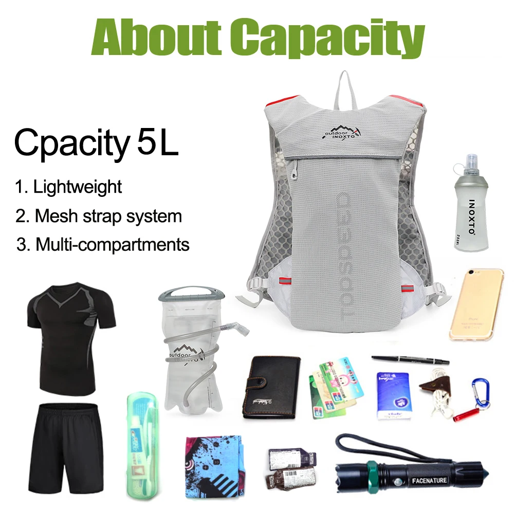 INOXTO Trail Running-5L Ultralight Backpack Hydration Jogging Vest for Running Marathon Bicycle with Water Bottle 250ML 500ML