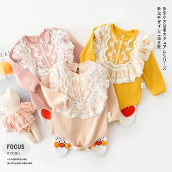 

2020 Newborn Baby Girl Pit Strip Lace Collar Long-sleeved Triangle Bodysuit for Infants and Toddlers Bodysuit Kids Clothes