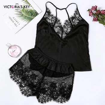 

Suphis Sexy Black V Neck Sleeveless Top Satin Cami And Mesh Lace Shorts PJ Set 2019 Autumn Sleepwear Women Pajama Sets