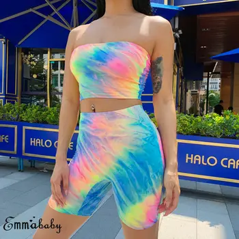 

Women Holiday 2Pcs Set Sexy Colorful Bandeau Sleeveless Crop Top Shorts Summer Beach Sports Summer Set Outfit