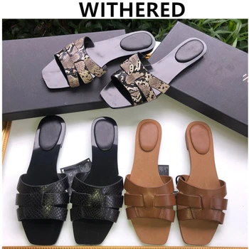 

Withered england style retro elegant Hand woven cowhide serpentine fashion beach slippers women shoes woman slides shoes women