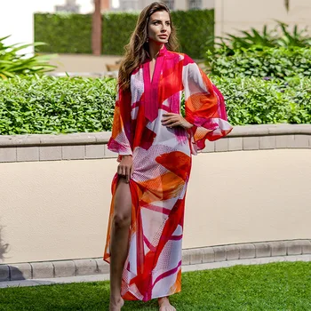 

One-Piece Dress Swimwear Cover-Up Beach Tunic Cover-Ups New Chiffon Print Sun Proof Smock Swimsuit Bikini With Robe Acetate