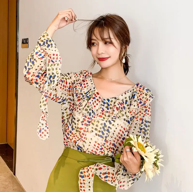 

COIGARSAM Casual Ruffles blouse women New Spring French Style Polka Dot Chiffon blusas womens tops and blouses 216
