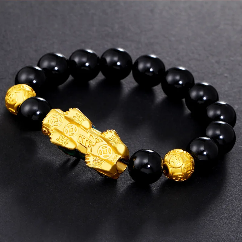 Feng Shui Obsidian Stone Beads Bracelet Men Women Unisex Wristband Gold Black Pixiu Wealth and Good Luck  Women Bracelet