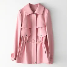 100% Real Sheepskin Medium Length Coat Ladies Women's Genuine Leather Long Sleeves Jackets High Quality Pink Color Plus Size