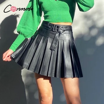 

Conmoto High Waist PU Mini Sexy Skirt New Fashion Women's Wear Leather Autumn Winter Skirt A-line Pleated Black Sashes Skirts