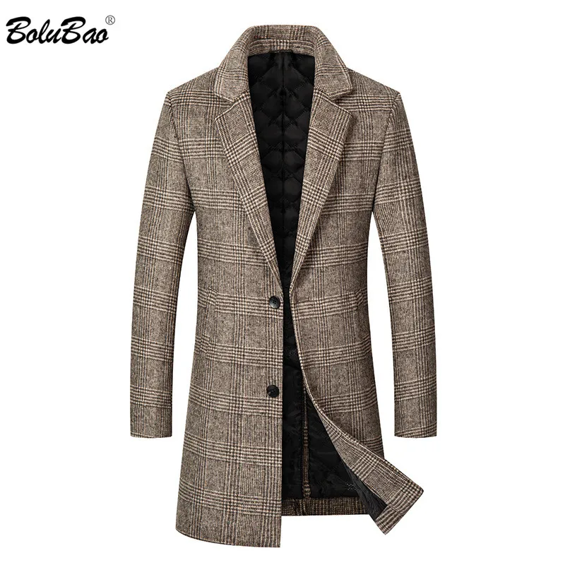 

BOLUBAO Quality Brand Men Plaid Wool Blend Coat Men High Quality Casual Woolen Coats Winter Warm Thick Long Wool Overcoat Male