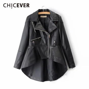 

CHICEVER PU Leather Women's Jacket Lapel Collar Long Sleeve Asymmetrical Plus Size Casual Coat Female 2020 Fashion New Clothes