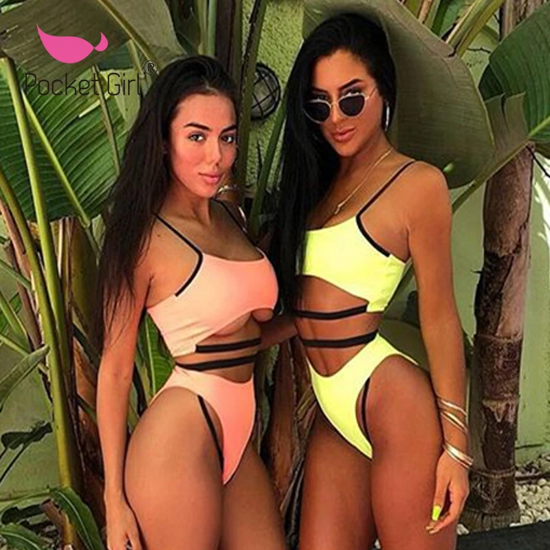 

2019 New Women Sport Bikini Set Cut Out Swimsuit Female High Waist Bikinis Pink Swimwear Bathing Suit Solid Summer Tube Top