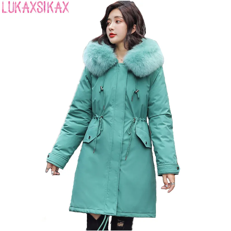 Best 2019 New Winter Women Coat Thicken Warm Parkas High Quality Big Fur Collar Imitation Rabbit Fur Lining Hooded Women Basic Coats