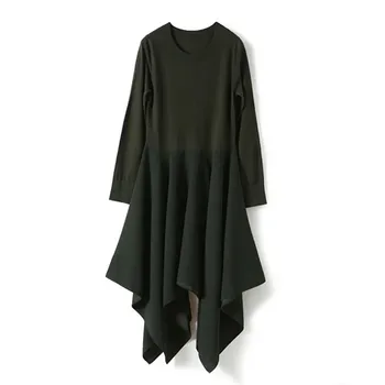

Women Patchwork Knit Dress Asymmetrical Long Sleeve O-neck Lady Clothes Dress