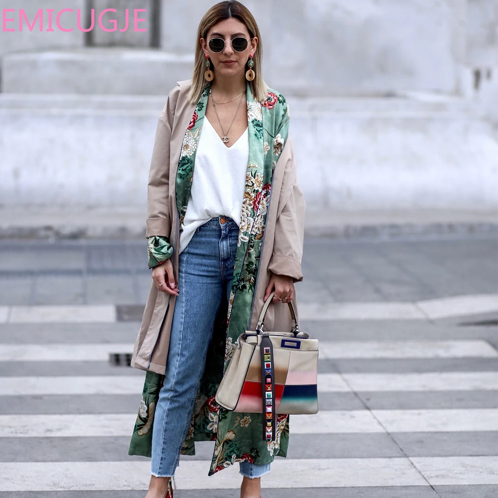 

2019 New Vintage Pareo Retro Floral Print Green Long Kimono Jacket Long Sleeve Cardigan Maxi Shawl Summer Tops Belted Beachwear