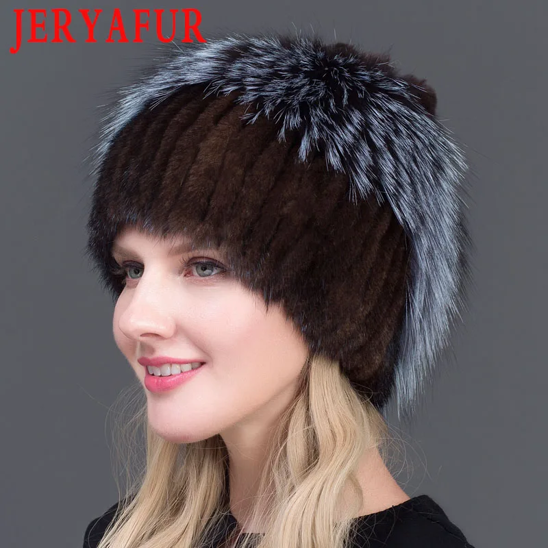 JERYAFUR натуральная черно-бурая лиса меховая шапка женская натуральная норковая меховые зимние шапки для женщин розовые стразы Лоскутные разноцветные шапочки - Цвет: BROWN