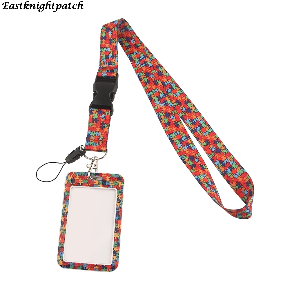 

E2757 Cartoon Autism Awareness Jigsaw Puzzle Necklack Key Gym Multifunction Mobile Phone Lanyard With Card Holder Cover
