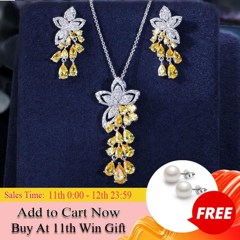 CWWZircons 2020 New Arrival Cubic Zirconia Tassel Drop Flower Earrings and Pendant Necklace Fashion Ladies Jewelry Sets T334