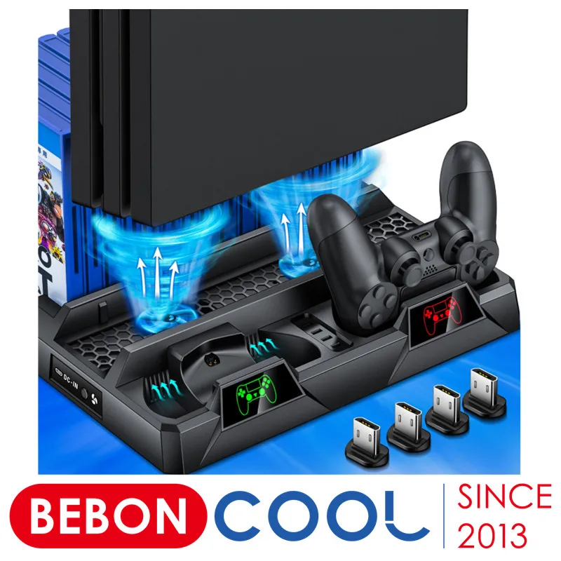 For Slim/PS4 Pro Stand Console Vertical Cooling Fan Dual Controller Charging Station For 4/PS4 Cooler