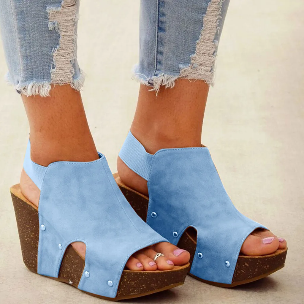

2020 New Womens Wedges Sandals Summer Open Toe Thick Bottom Elastic Band Shoes Woman Roman Beach Sandals Chaussures Femme 35-43