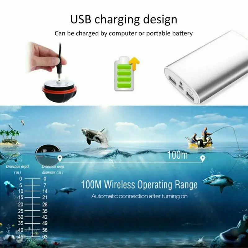 US $55.99 Portable Depth Locator Fish Finder with 100M Wireless Sonar Sensor Echo Sounder Fishfinder LCD Display Waterproof Sea Fishing