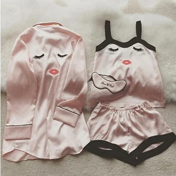 

Women 4 Pieces Pajama Sets Eyelash Print Spaghetti Strap Print Lip Loose Comfortable Sleepwear Lingerie Summer Women Homewear
