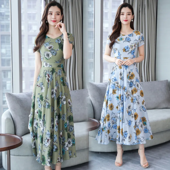 

Floral-Print Big Hemline over-the-Knee Slimming Immortal Popular Long Skirts 2019 New Style Crew Neck Short Sleeve Slimming Wome