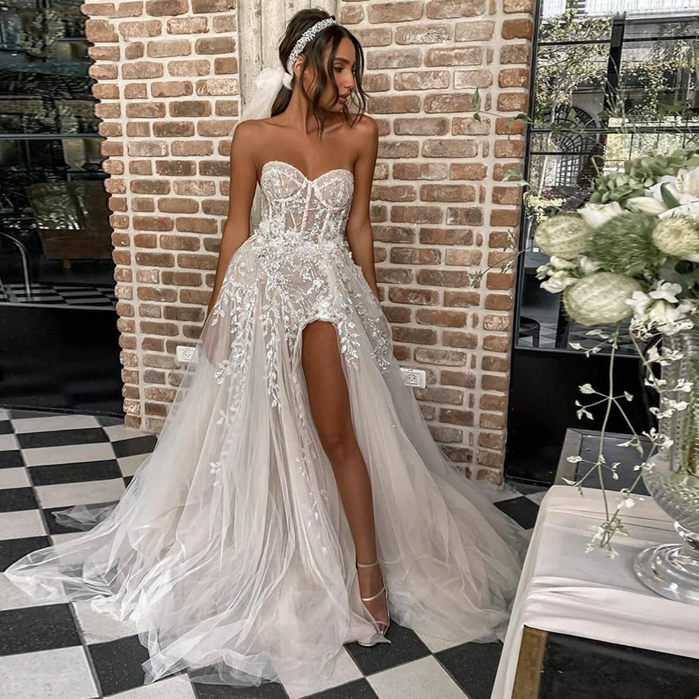 Elegant A-Line Side Slit Sleeveless Wedding Dresses Tulle Appliques Floor Length Strapless Zipper Ball Bridal Gowns 2022 New