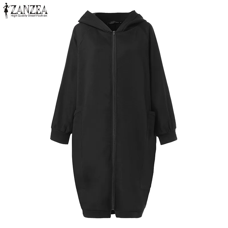ZANZEA, Женская толстовка с капюшоном и длинным рукавом, повседневная однотонная толстовка с капюшоном, осенние пальто, толстовки с большими карманами, верхняя одежда на молнии размера плюс