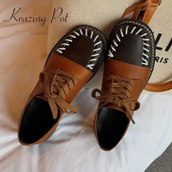 

Krazing pot new hot mixed colors cow leather round toe low thick heels handmade suture leisure lace up British school shoes L26